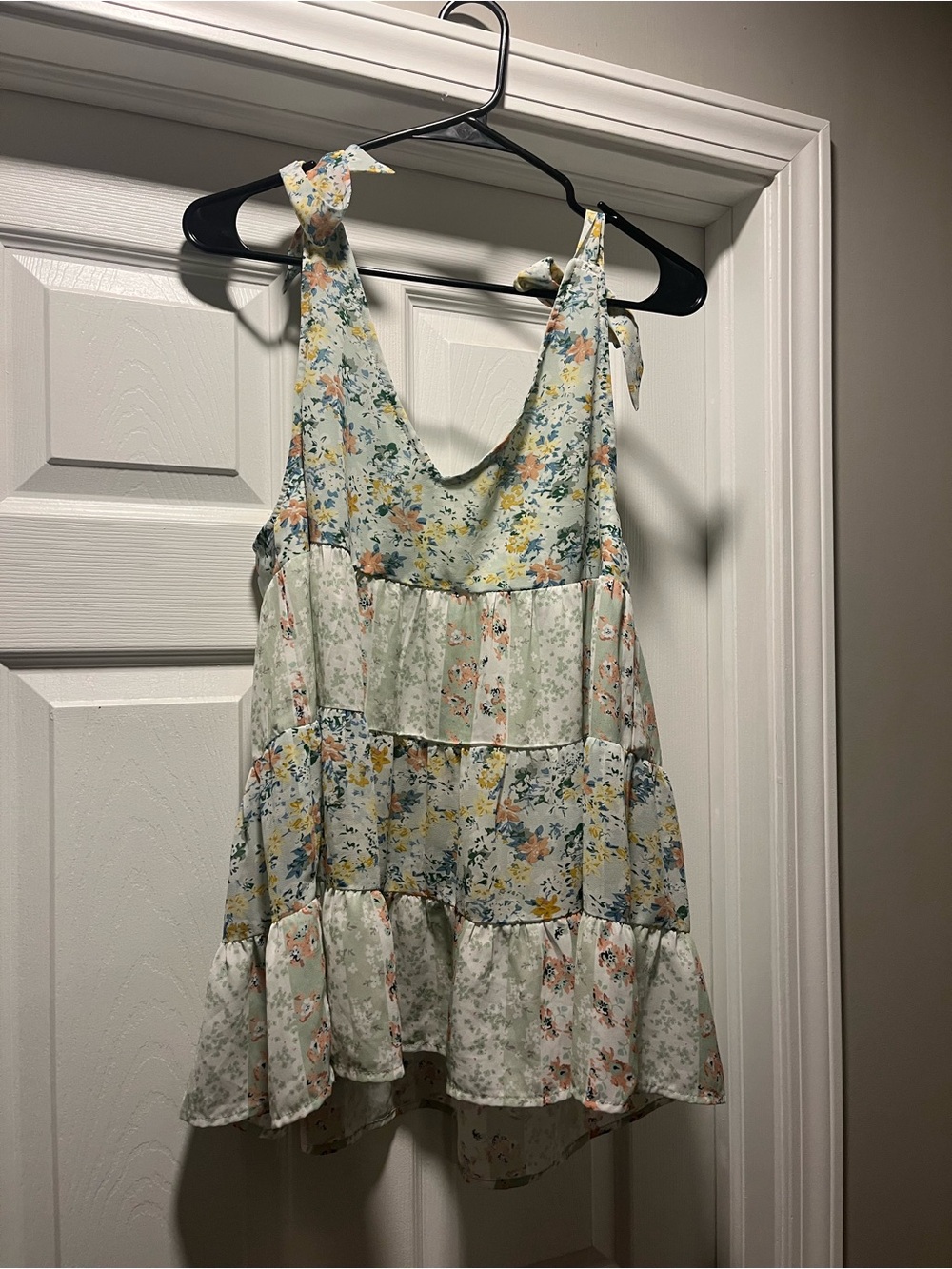 Floral Tie-Strap Tiered Camisole in Pastel Blue and Peach